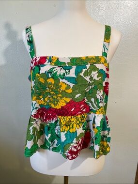 Coastal Cottagecore Floral Peplum Button Back Crop Tank Top Medium Natural Life